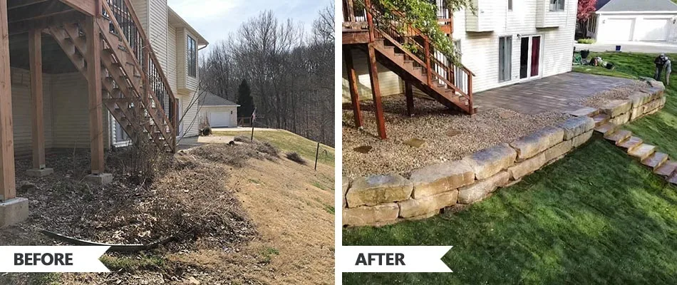 Before and after backyard patio and retaining wall installation in Edwardsville, Illinois.
