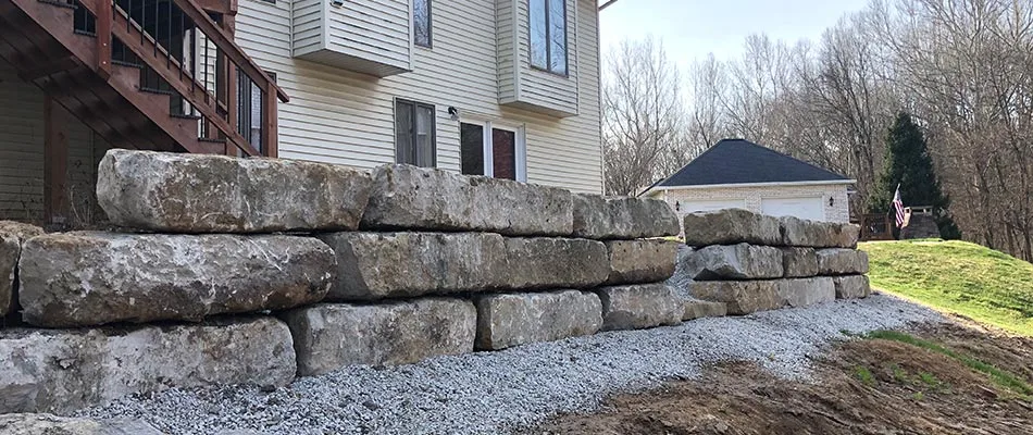 Limestone retaining wall installed at a home in Edwardsville, IL.
