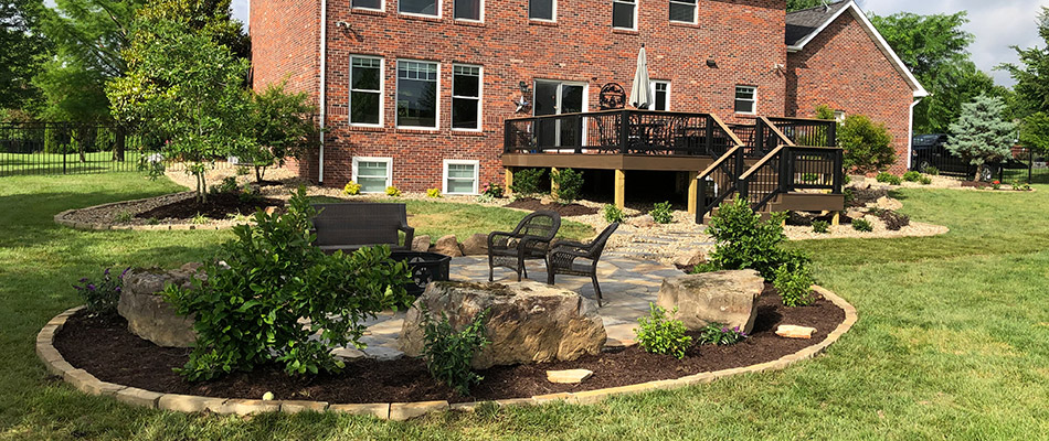 Patio, landscape bed, and fire pit project in Meadowbrook, IL.