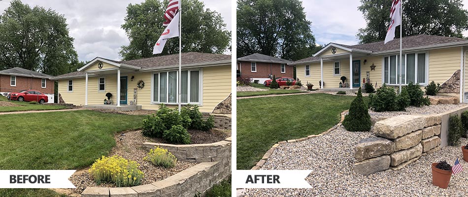 Before and after photos of a total front yard landscaping makeover in Bethalto, IL.
