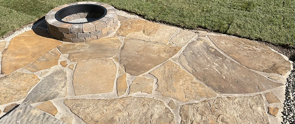 An overhead view of the flagstone patio our team installed in Edwardsville, IL.