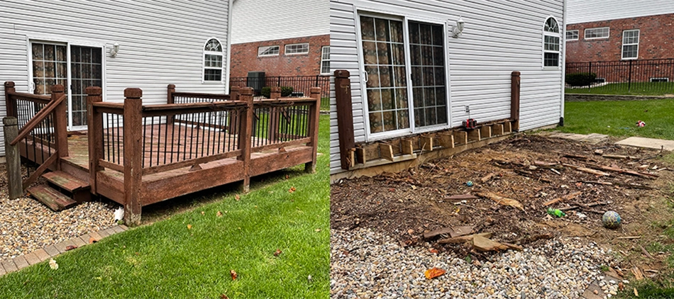 A collage showing our client's old deck before and after destruction in Edwardsville, IL.