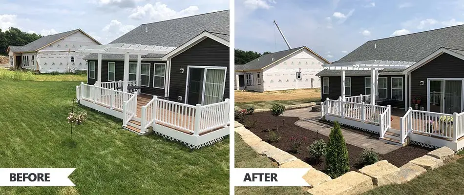 Before and after photos of a landscape makeover at a home in Edwardsville, IL.