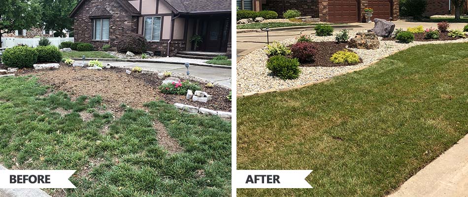 Before and after sod installation and landscape renovation in Edwardsville, IL.