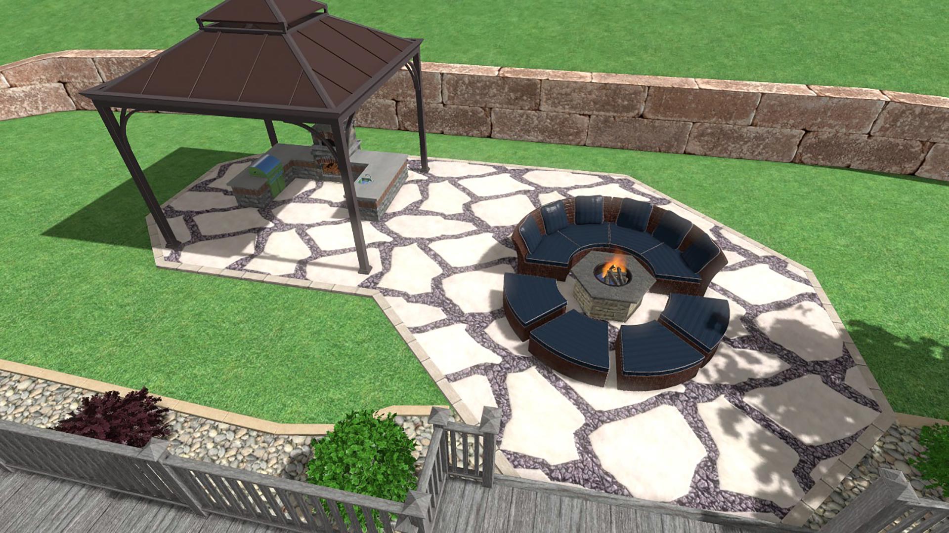 A 3D landscape design rendering of a patio, outdoor kitchen, and fire pit for a client in Maryville, IL.