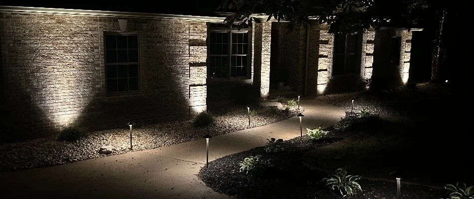 Cool white lights on walkway and walls in Edwardsville, IL.