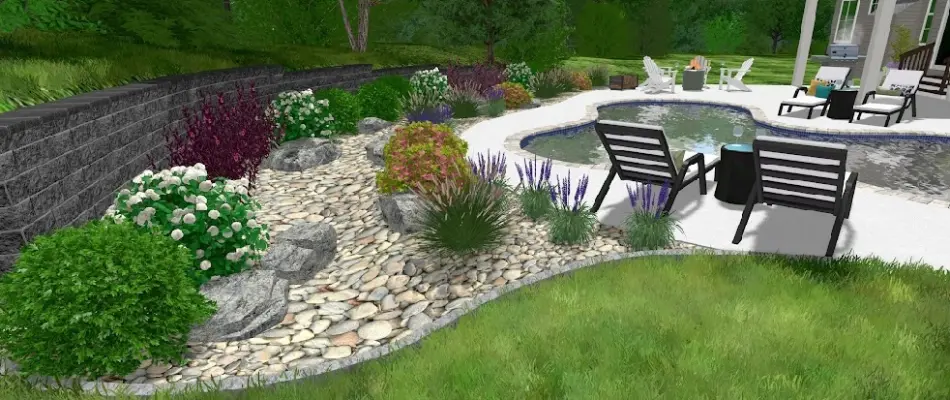 Design rendering of a pool in Edwardsville, IL, with landscape and retaining wall.