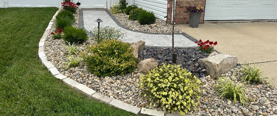 Landscape bed in Edwardsville, IL, with different plants and rocks.