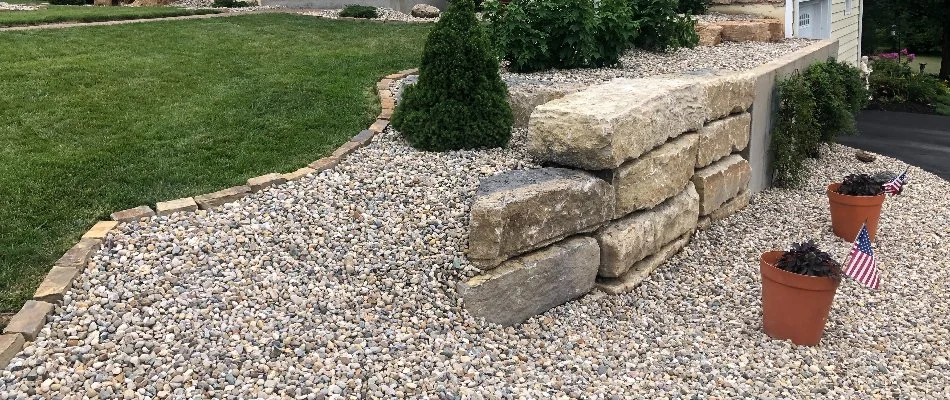 Landscape bed in Edwardsville, IL, with rock ground cover.