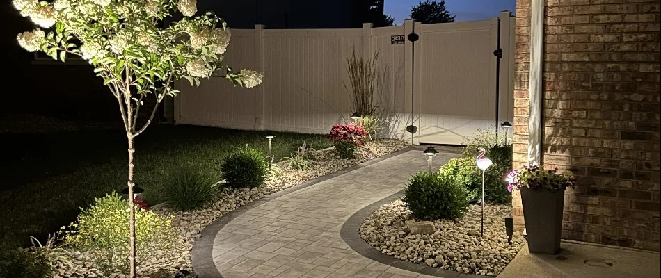 Landscaping between a walkway in Edwardsville, IL, with outdoor lighting.