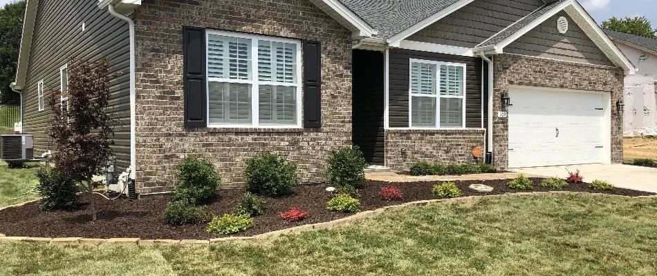Mulch and plants in a front landscape bed in Edwardsville, IL.