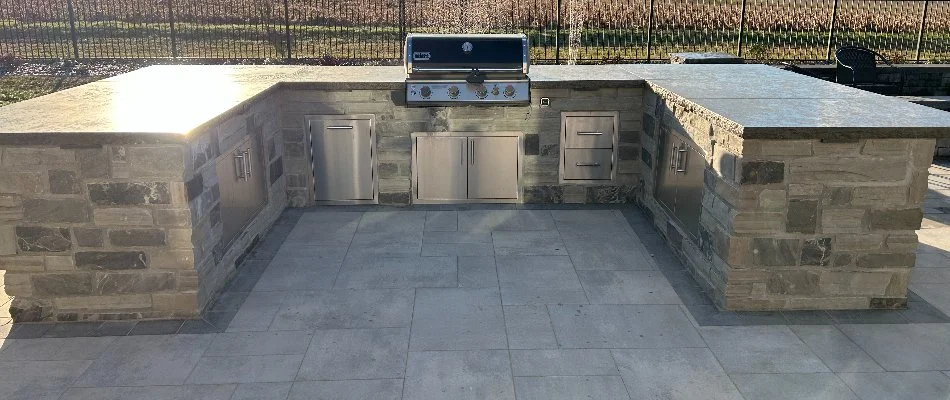 Stone outdoor kitchen on a patio in Edwardsville, IL.