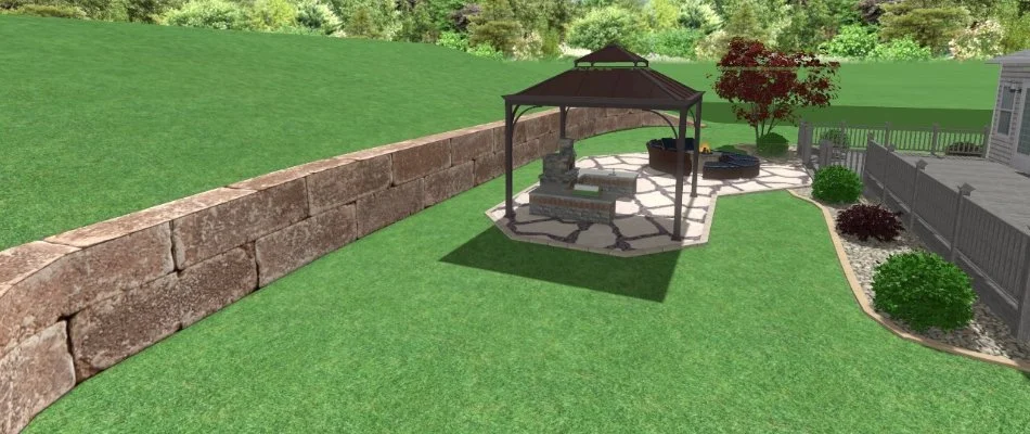 3D design of a retaining wall and an outdoor space in Edwardsville, IL.