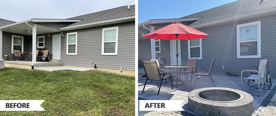 Before and after project build of patio and fire pit in Jerseyville, IL.