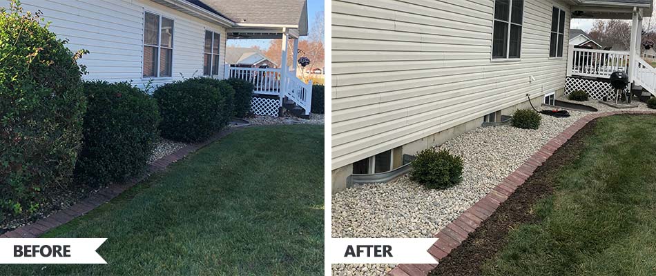 Before and after photos of a landscape bed renovation at a home near Bethalto, IL.