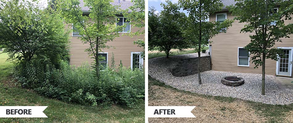Before and after photos of a landscape installation at a home in Glen Carbon, Illinois.