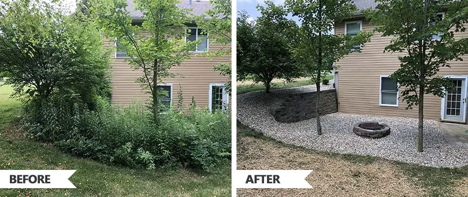 Before and after photos of rock mulch and fire pit construction in Bethalto, IL.