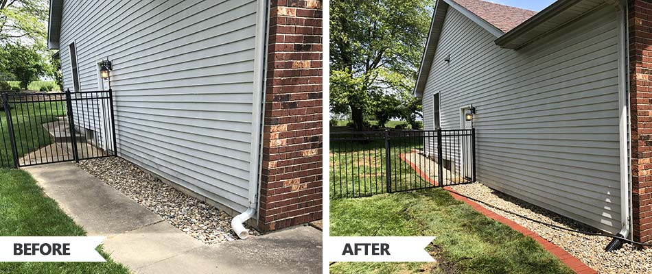 Before and after photos of rock mulch landscaping around a home in Maryville, Illinois.