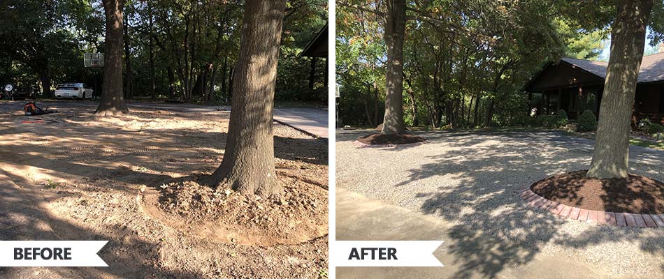 Before and after landscaping services performed at a home in Maryville, Illinois.