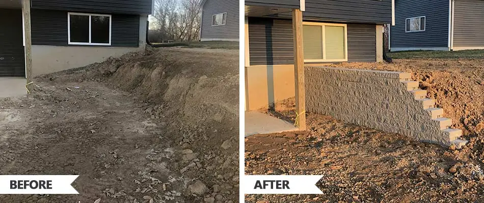 Before and after a retaining wall is constructed to prevent soil erosion in Bethalto, Illinois.