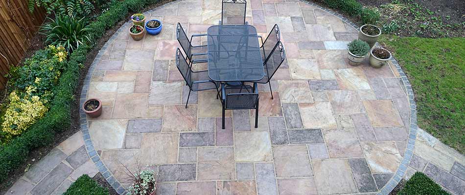 Flagstone patio installed at a home in Bethalto, Illinois.