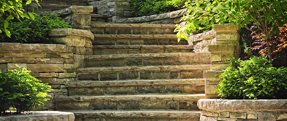 Stacked flagstone steps leading up to a home in Edwardsville, Illinois.