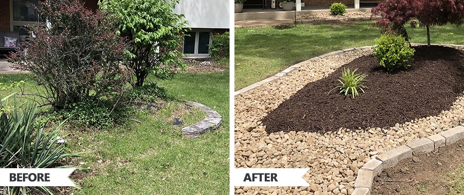 Mulch and rock landscape bed installed at a home in Edwardsville, IL.