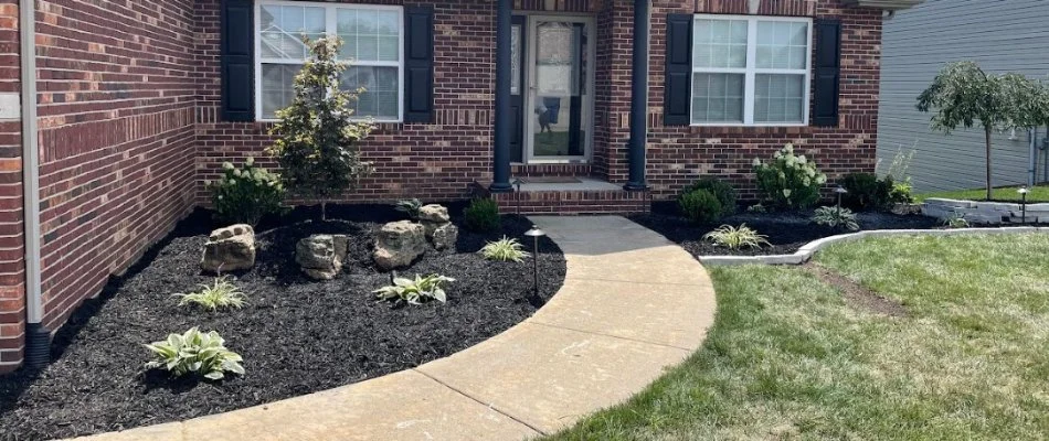 Mulch in a landscape bed in front of a brick house in Edwardsville, IL.