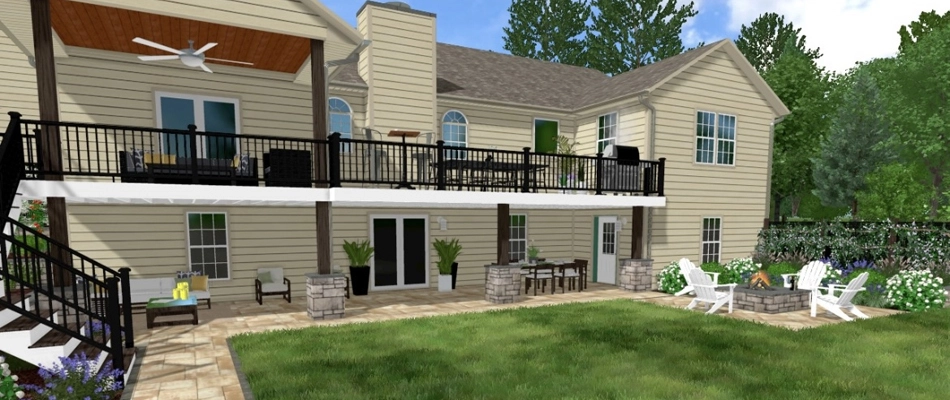 A 3D design rendering of a patio and pergola for clients in Collinsville, IL.