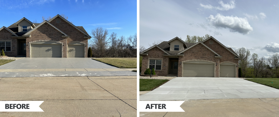 Poured concrete for driveway shown with before and after in Edwardsville, IL.